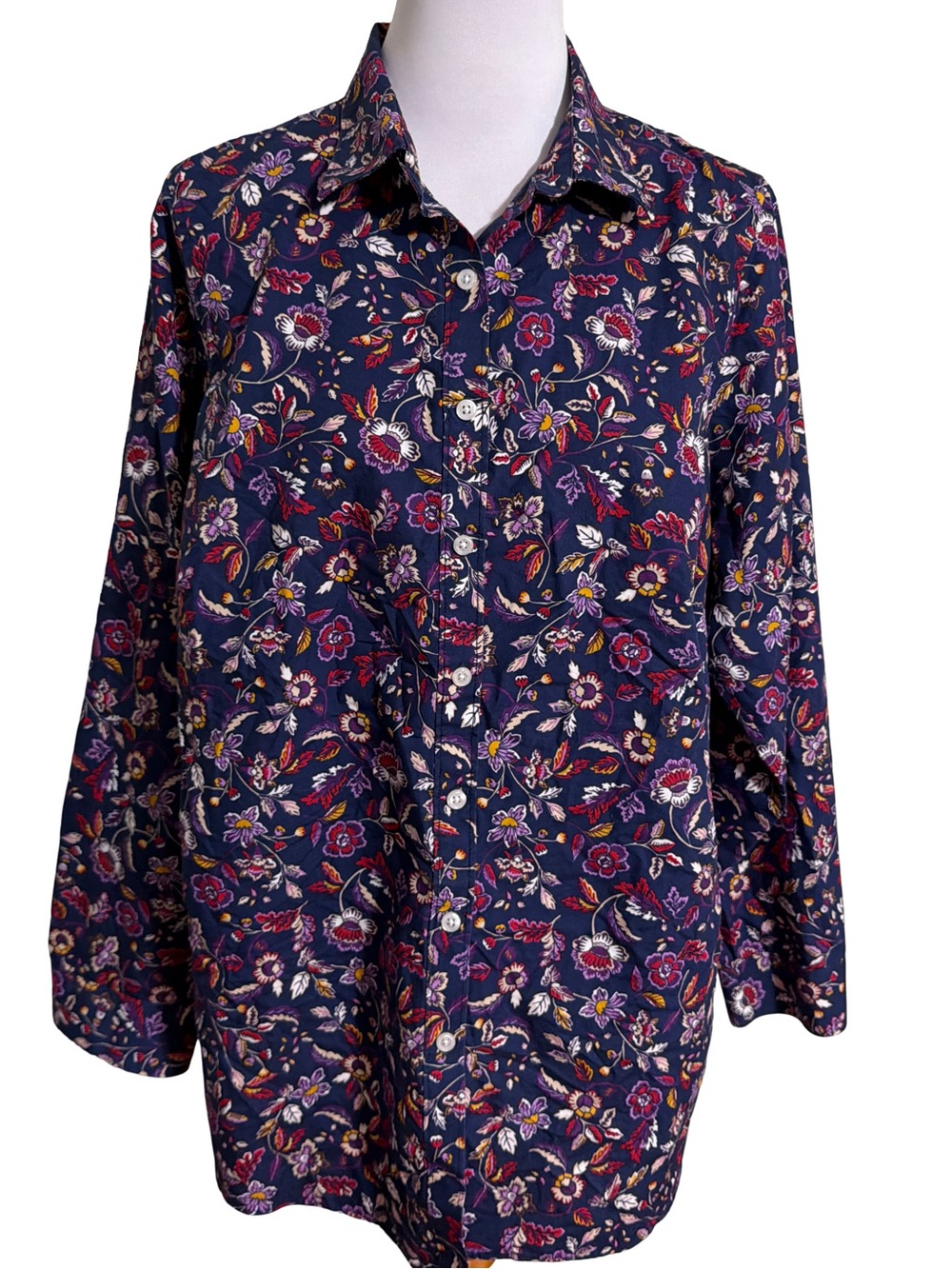 Lands End Navy Floral Button Down Shirt